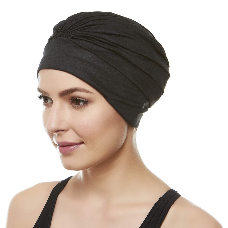 Beemo Swim Caps for Women Swimming Turban Polyester Latex Lined Pleated for Ladies-2pk Blk/BLK - Image 4